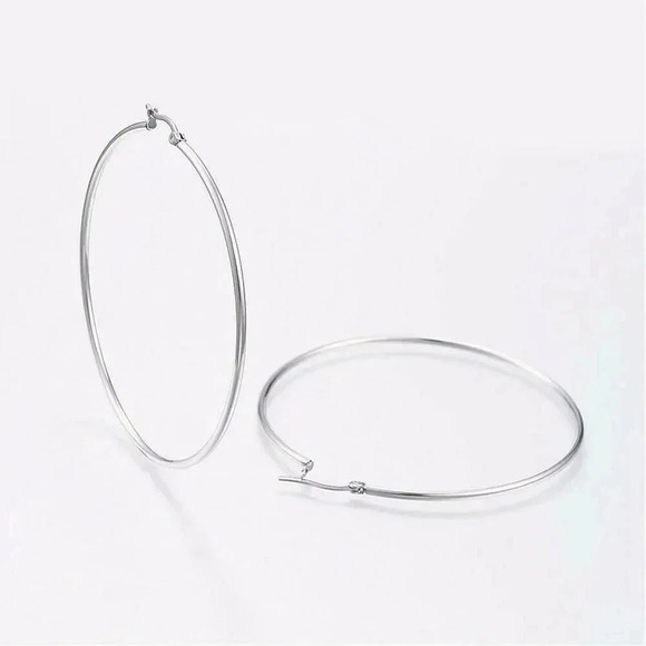 Surgical Stainless Steel Silver Round Minimalist Hoop Earrings 70mm - Picture 2 of 2